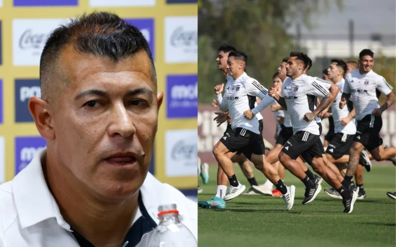 Primer plano al rostro de Jorge Almirón junto al plantel de Colo-Colo en un entrenamiento.