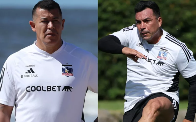 Primer plano a Jorge Almirón y Esteban Paredes con indumentaria de Colo-Colo.