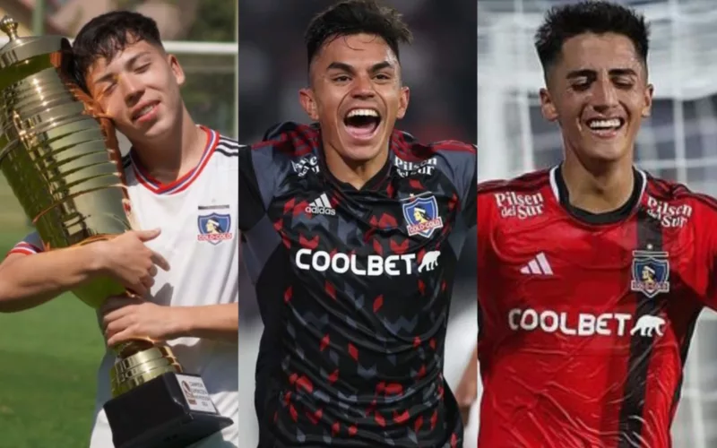 Primer plano a Leandro Hernández, Vicente Pizarro y Diego Plaza con camiseta de Colo-Colo.