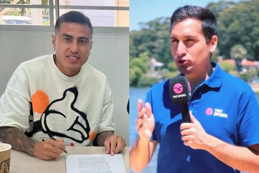 Primer plano a Darío Lezcano firmando su nuevo contrato y Daniel Arrieta con micrófono de TNT Sports.