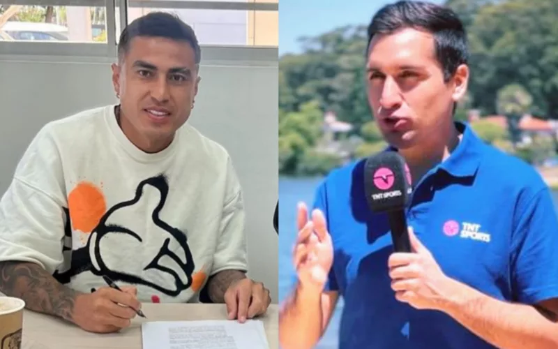 Primer plano a Darío Lezcano firmando su nuevo contrato y Daniel Arrieta con micrófono de TNT Sports.