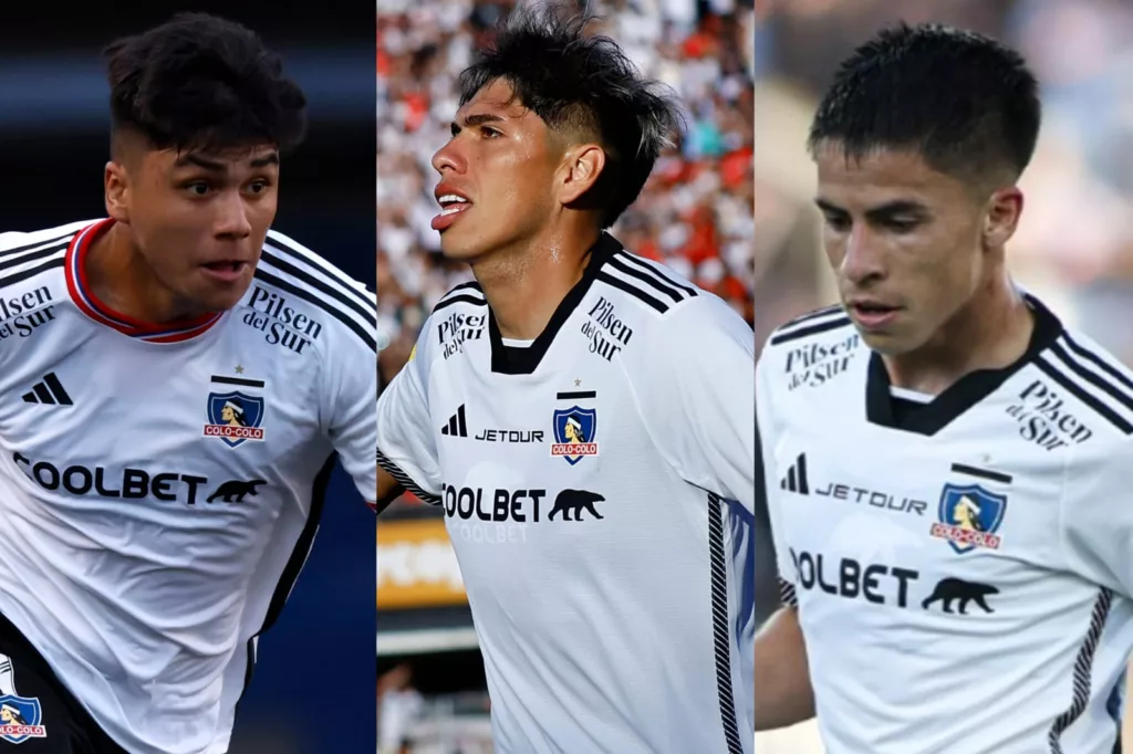 Primer plano a Damián Pizarro, Carlos Palacios y Matías Moya con la camiseta de Colo-Colo.