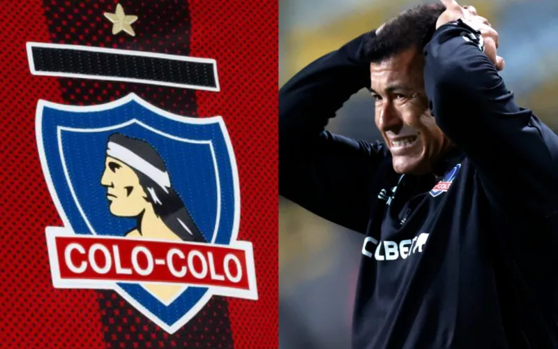 Jorge Almirón lamentándose y el escudo de Colo-Colo