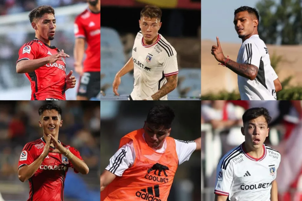 Dylan Portilla, Lucas Soto, Daniel Gutiérrez, Diego Plaza, Damián Pizarro y Leandro Hernández con la camiseta de Colo-Colo.