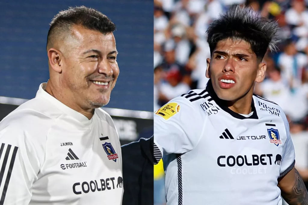 Primer plano a los rostros de Jorge Almirón y Carlos Palacios con la camiseta de Colo-Colo.