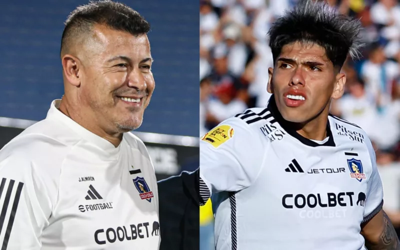 Primer plano a los rostros de Jorge Almirón y Carlos Palacios con la camiseta de Colo-Colo.
