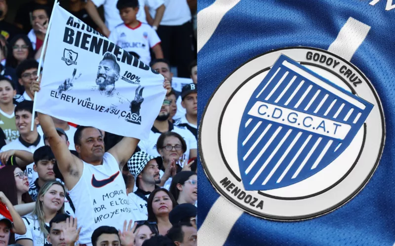 Hinchas de Colo-Colo en el Estadio Monumental y el escudo de Godoy Cruz