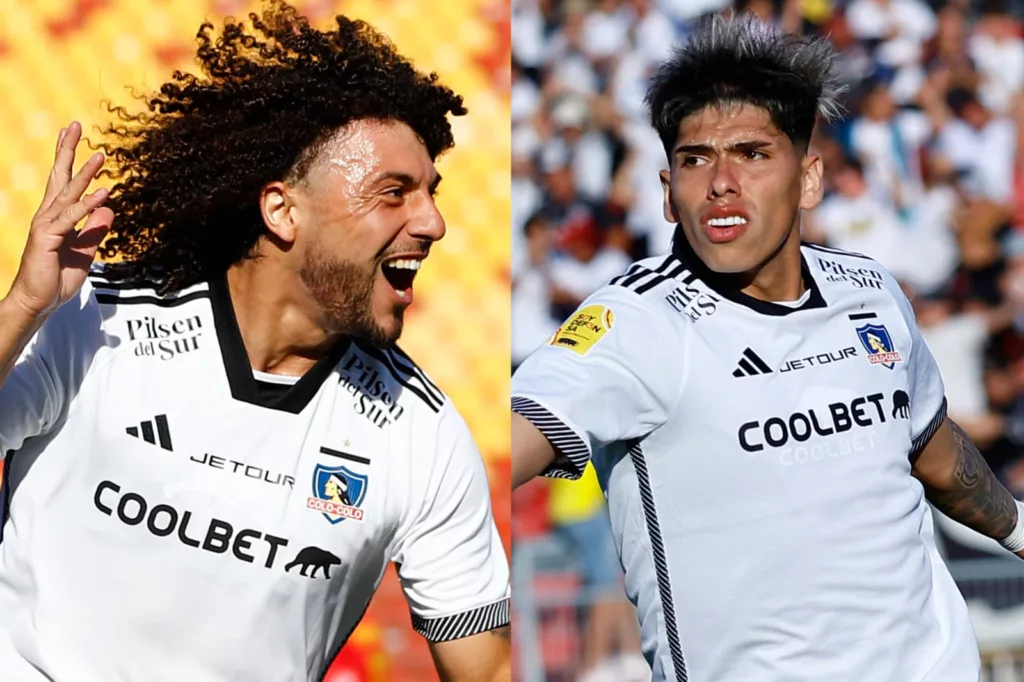 Primer plano a Maximiliano Falcón y Carlos Palacios con camiseta de Colo-Colo.