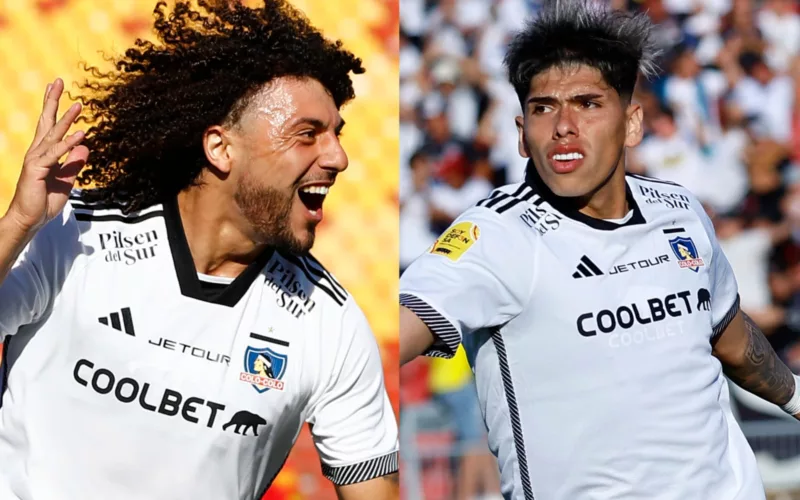 Primer plano a Maximiliano Falcón y Carlos Palacios con camiseta de Colo-Colo.