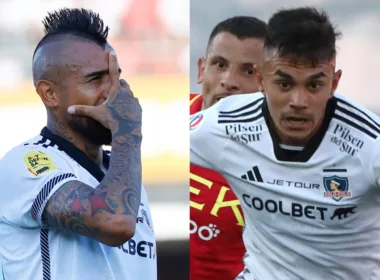 Primer plano a Arturo Vidal y Vicente Pizarro con la camiseta de Colo-Colo.