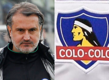 Primer plano al rostro del entrenador Fernando Vergara, mientras que a mano izquierda está la insignia de Colo-Colo.