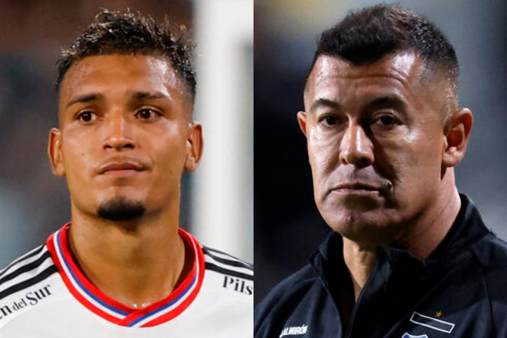 Primer plano al rostro de preocupación de Daniel Gutiérrez y Jorge Almirón, jugador y entrenador de Colo-Colo durante la temporada 2024, respectivamente.