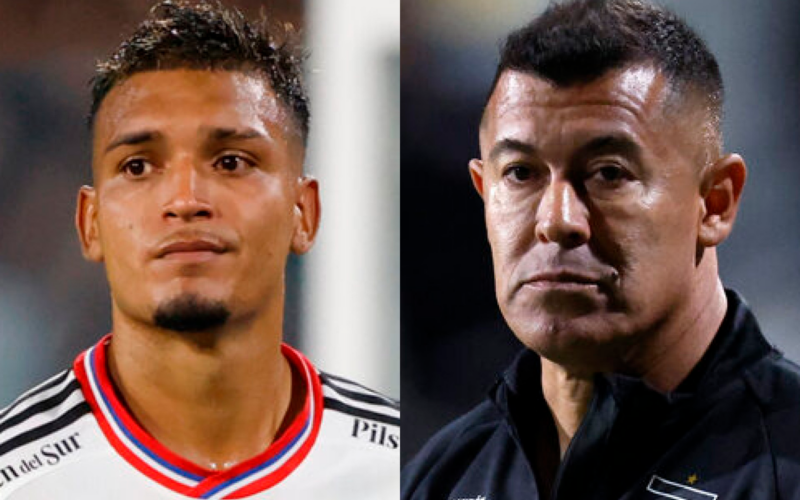 Primer plano al rostro de preocupación de Daniel Gutiérrez y Jorge Almirón, jugador y entrenador de Colo-Colo durante la temporada 2024, respectivamente.