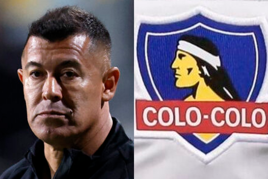 Primer plano al rostro de Jorge Almirón, entrenador de fútbol profesional, mientras que a mano derecha aparece la insignia del escudo de Colo-Colo.