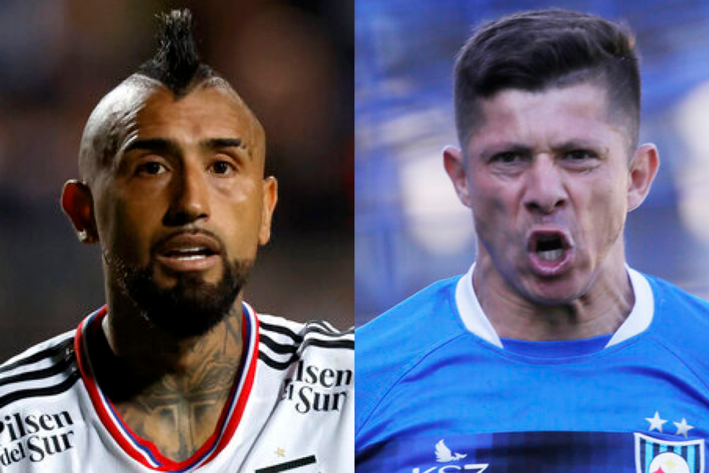 Primer plano al rostro de Arturo Vidal y Cris Martínez, futbolistas de Colo-Colo y Huachipato durante la temporada 2024, respectivamente.