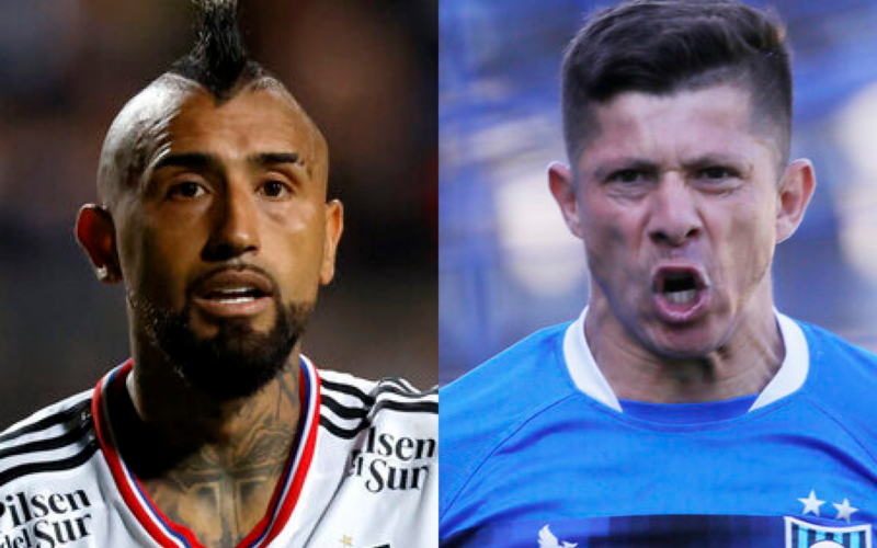 Primer plano al rostro de Arturo Vidal y Cris Martínez, futbolistas de Colo-Colo y Huachipato durante la temporada 2024, respectivamente.