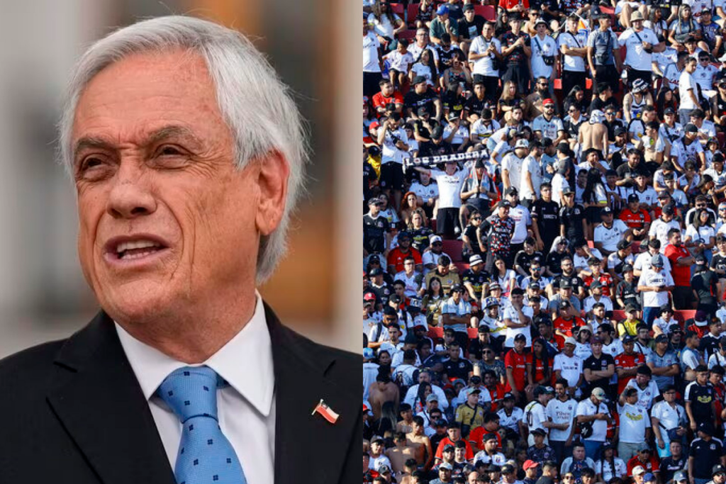 Primer plano al rostro de Sebastián Piñera, ex presidente de la República de Chile, mientras que a mano derecha se pueden ver hinchas de Colo-Colo apostados en la galería del Estadio Nacional.