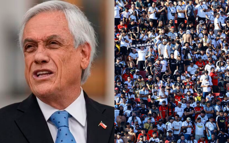 Primer plano al rostro de Sebastián Piñera, ex presidente de la República de Chile, mientras que a mano derecha se pueden ver hinchas de Colo-Colo apostados en la galería del Estadio Nacional.