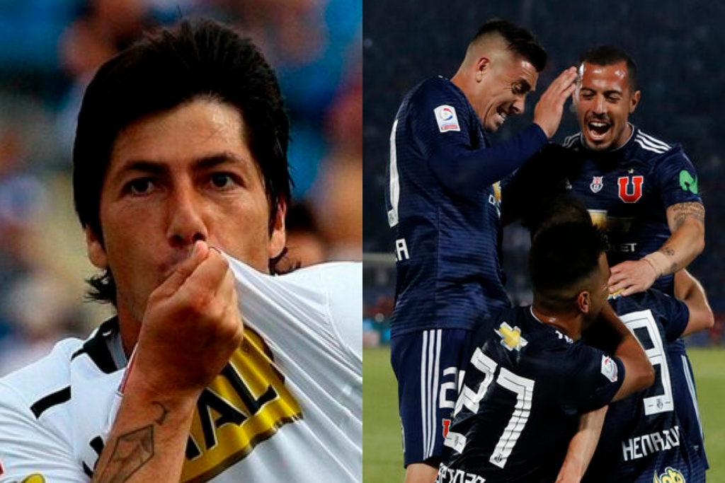A mano izquierda Jaime Valdés se besa el escudo de Colo-Colo en plena celebración, mientras que en el sector derecho futbolista de Universidad de Chile se abrazan en pleno festejo.