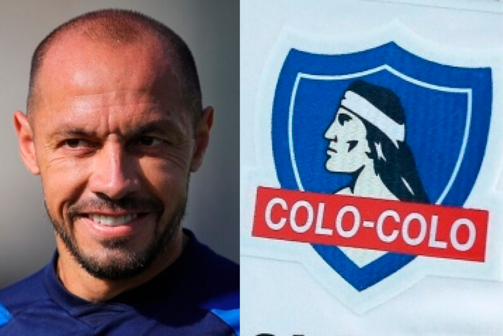 Primer plano al rostro sonriente de Marcelo Díaz, futbolista de Universidad de Chile durante la temporada 2024, mientras que a mano derecha aparece el escudo de Colo-Colo.