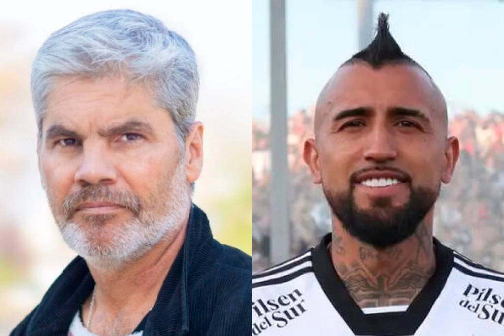 Primer plano mano izquierda del rostro serio de Juan Cristóbal Guarello, periodista deportivo chileno. Por su parte, a mano izquierda está Arturo Vidal sonriendo ante las cámaras con la camiseta de Colo-Colo durante el año 2024.