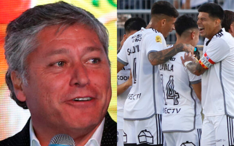 A mano izquierda aparece un primer plano al rostro sonriente de Patricio Yáñez, ex futbolista profesional y actual comentarista deportivo, mientras que en el sector derecho los jugadores de Colo-Colo se Colo-Colo se abrazan tras un gol en la Supercopa 2024.