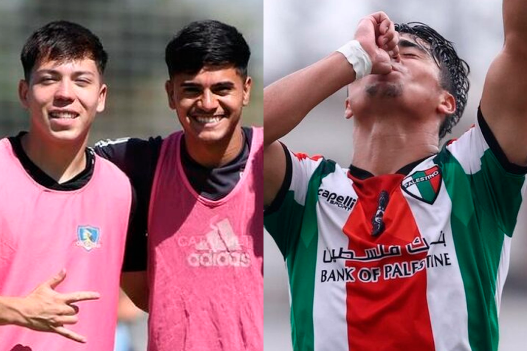 Primer plano a dos juveniles de Colo-Colo durante la temporada 2024, entre ellos Leandro Hernández, mientras que a mano derecha aparece un canterano de Palestino celebrando un gol.