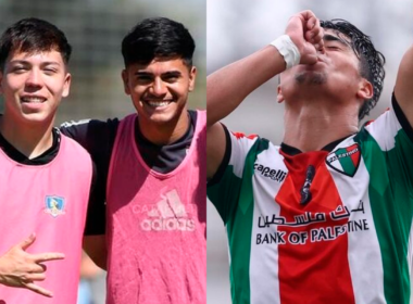 Primer plano a dos juveniles de Colo-Colo durante la temporada 2024, entre ellos Leandro Hernández, mientras que a mano derecha aparece un canterano de Palestino celebrando un gol.