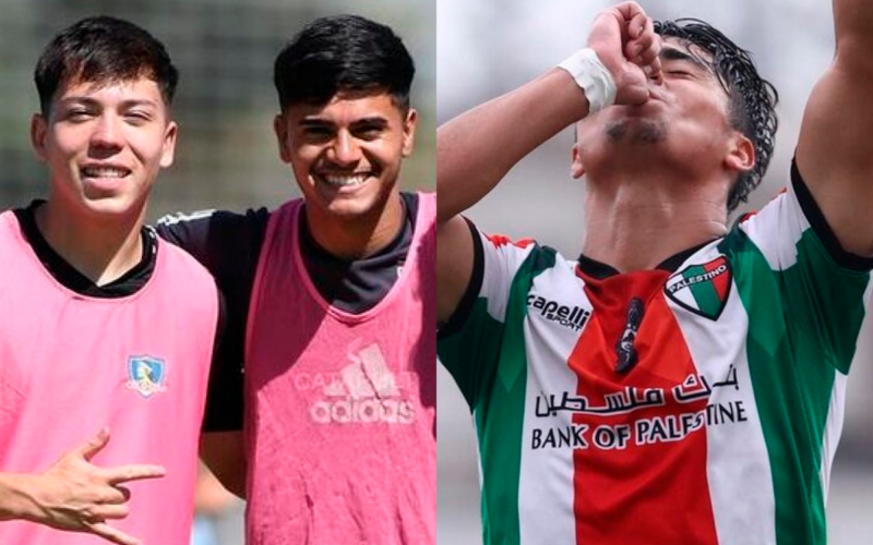 Primer plano a dos juveniles de Colo-Colo durante la temporada 2024, entre ellos Leandro Hernández, mientras que a mano derecha aparece un canterano de Palestino celebrando un gol.