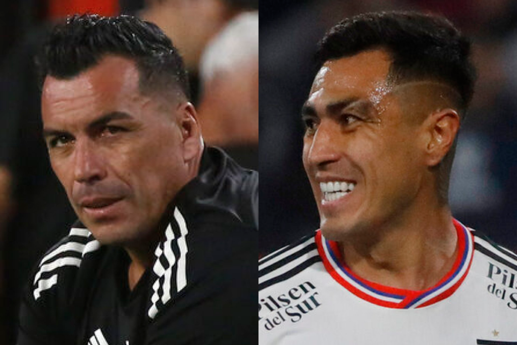Primer plano al rostro de preocupación de Esteban Paredes a mano izquierda de la fotografía, mientras que en el sector derecho se ve a Darío Lezcano con la camiseta de Colo-Colo.