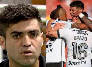 Primer plano al rostro de Jean Pierre Bonvallet, analista de fútbol, sumado a los jugadores de Colo-Colo celebrando un gol durante la temporada 2024.