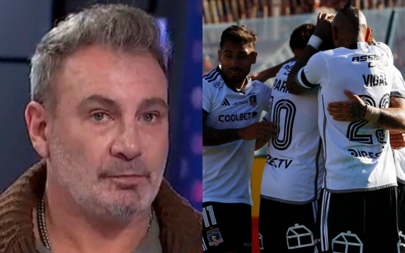 Primer plano al rostro serio de Marcelo Barticciotto, ex futbolista profesional y actual comentarista deportivo. Por su parte, a mano derecha se encuentran los jugadores de Colo-Colo celebrando un gol durante la temporada 2024.