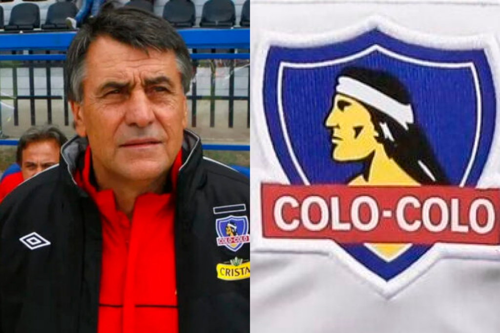 Primer plano al rostro de seriedad de Hugo Tocalli como entrenador de Colo-Colo durante la temporada 2009, sumado al escudo de Colo-Colo a mano derecha.