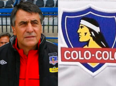 Primer plano al rostro de seriedad de Hugo Tocalli como entrenador de Colo-Colo durante la temporada 2009, sumado al escudo de Colo-Colo a mano derecha.