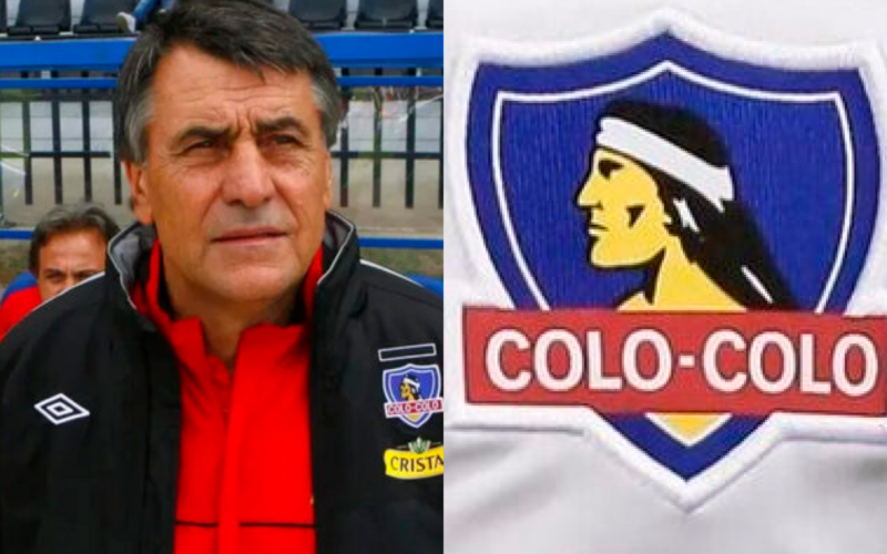 Primer plano al rostro de seriedad de Hugo Tocalli como entrenador de Colo-Colo durante la temporada 2009, sumado al escudo de Colo-Colo a mano derecha.