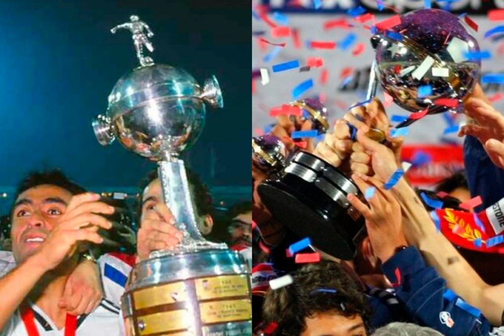A mano izquierda Jaime Pizarro sostiene la Copa Libertadores conquistada por Colo-Colo en 1991, mientras que en el sector derecho el plantel de la Universidad de Chile levanta la Copa Sudamericana que ganaron en 2011.