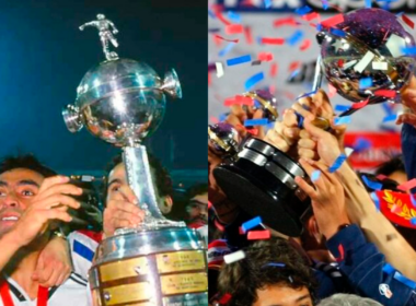 A mano izquierda Jaime Pizarro sostiene la Copa Libertadores conquistada por Colo-Colo en 1991, mientras que en el sector derecho el plantel de la Universidad de Chile levanta la Copa Sudamericana que ganaron en 2011.