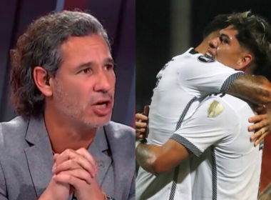 Primer plano al rostro de Dante Poli en su rol de comentarista deportivo. mientras que a mano derecho Carlos Palacios abraza a un futbolista de Colo-Colo durante la temporada 2024.