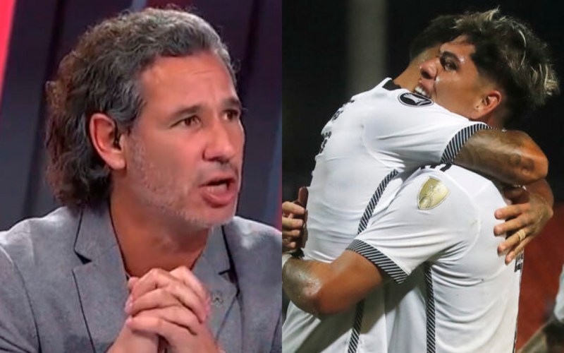 Primer plano al rostro de Dante Poli en su rol de comentarista deportivo. mientras que a mano derecho Carlos Palacios abraza a un futbolista de Colo-Colo durante la temporada 2024.