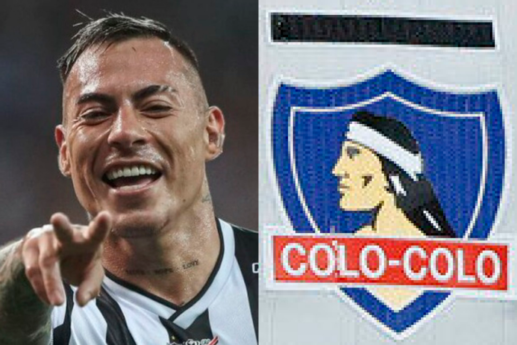 Eduardo Vargas sonríe y apunta con sus dedos a la cámara tras anotar un gol con la camiseta de Atlético Mineiro. Por su parte, en el sector derecho de la imagen aparece incrustado el escudo de Colo-Colo.