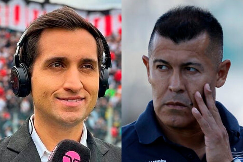 Primer plano al rostro sonriente al periodista deportivo, Daniel Arrieta, mientras que en el sector derecho aparece Jorge Almirón con cara de preocupación en su rol como entrenador de Colo-Colo.