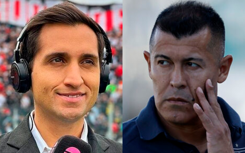 Primer plano al rostro sonriente al periodista deportivo, Daniel Arrieta, mientras que en el sector derecho aparece Jorge Almirón con cara de preocupación en su rol como entrenador de Colo-Colo.