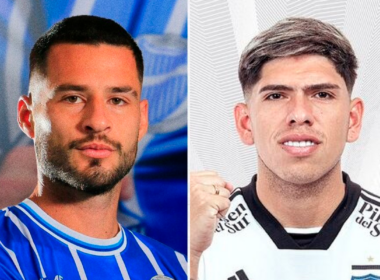 Futbolista de Godoy Cruz posa ante las cámaras, mientras que Carlos Palacios hace lo propio con la camiseta de Colo-Colo.