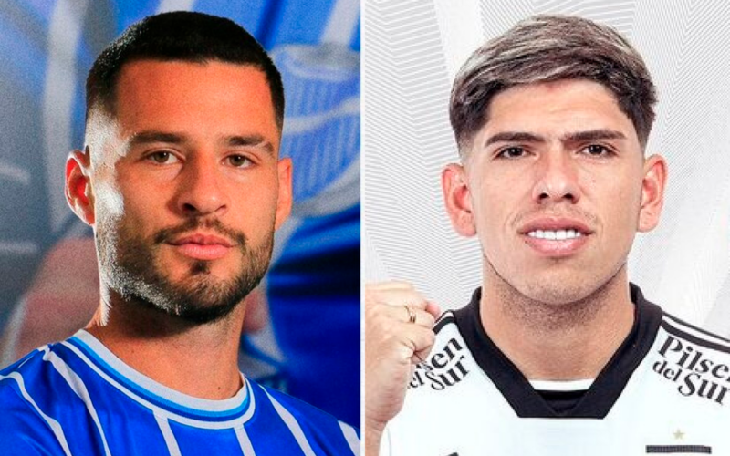 Futbolista de Godoy Cruz posa ante las cámaras, mientras que Carlos Palacios hace lo propio con la camiseta de Colo-Colo.