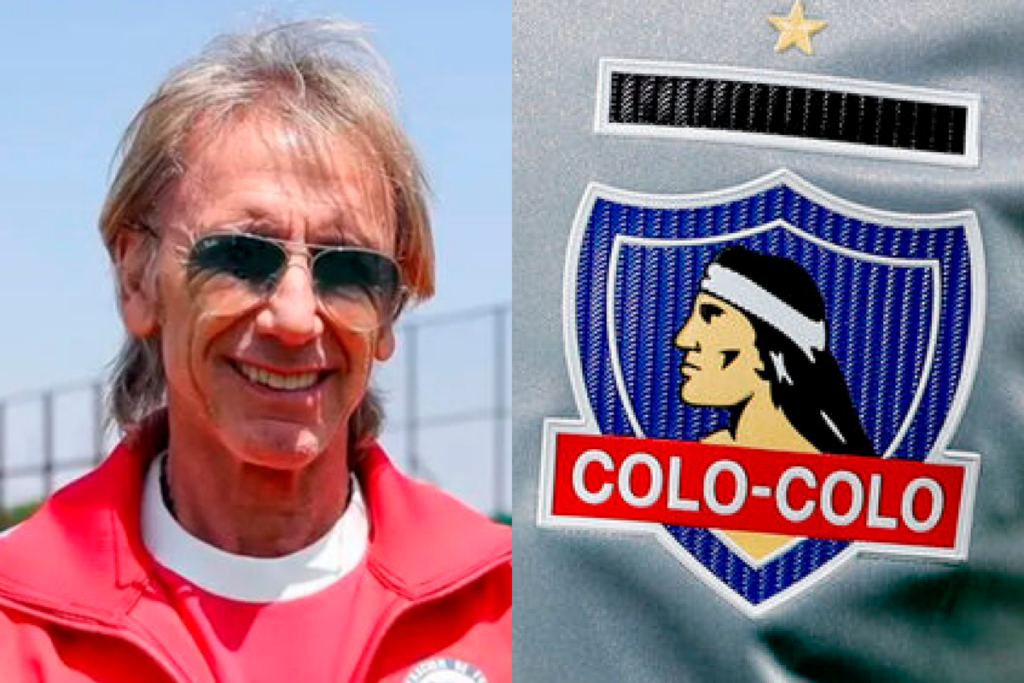 Primer plano al rostro sonriente de Ricardo Gareca, entrenador de la Selección Chilena desde la temporada 2024. Por su parte, a mano derecha aparece el escudo de Colo-Colo.