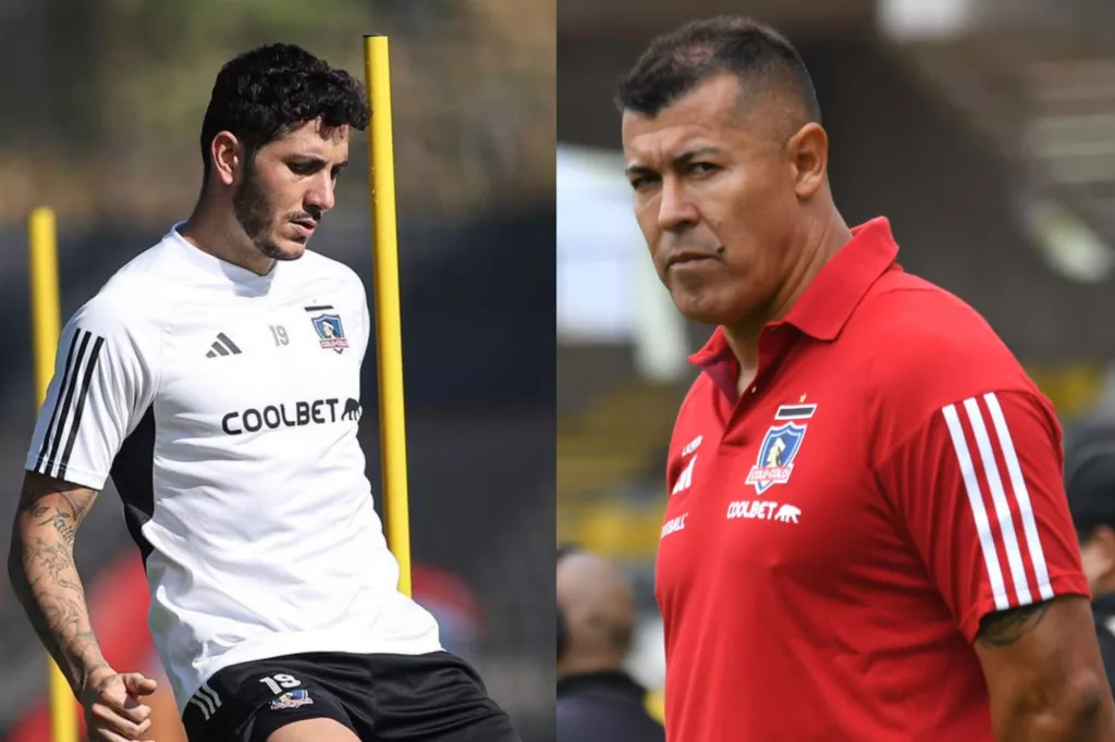 Primer plano a Gonzalo Castellani y Jorge Almirón con camiseta de Colo-Colo.