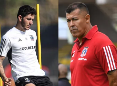 Primer plano a Gonzalo Castellani y Jorge Almirón con camiseta de Colo-Colo.