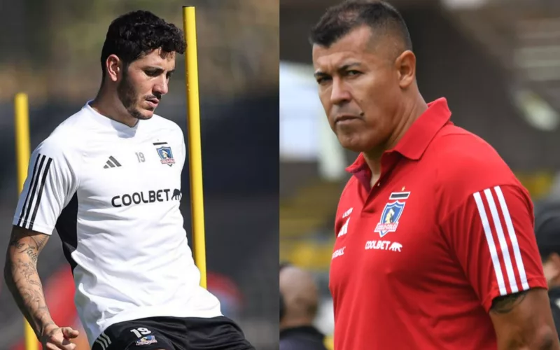 Primer plano a Gonzalo Castellani y Jorge Almirón con camiseta de Colo-Colo.