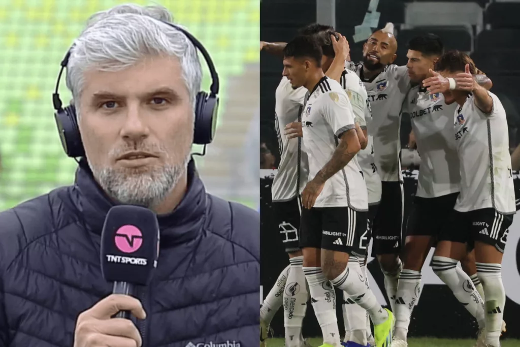 Primer plano de Manuel de Tezanos. Jugadores de Colo-Colo celebrando un gol.