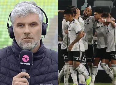 Primer plano de Manuel de Tezanos. Jugadores de Colo-Colo celebrando un gol.